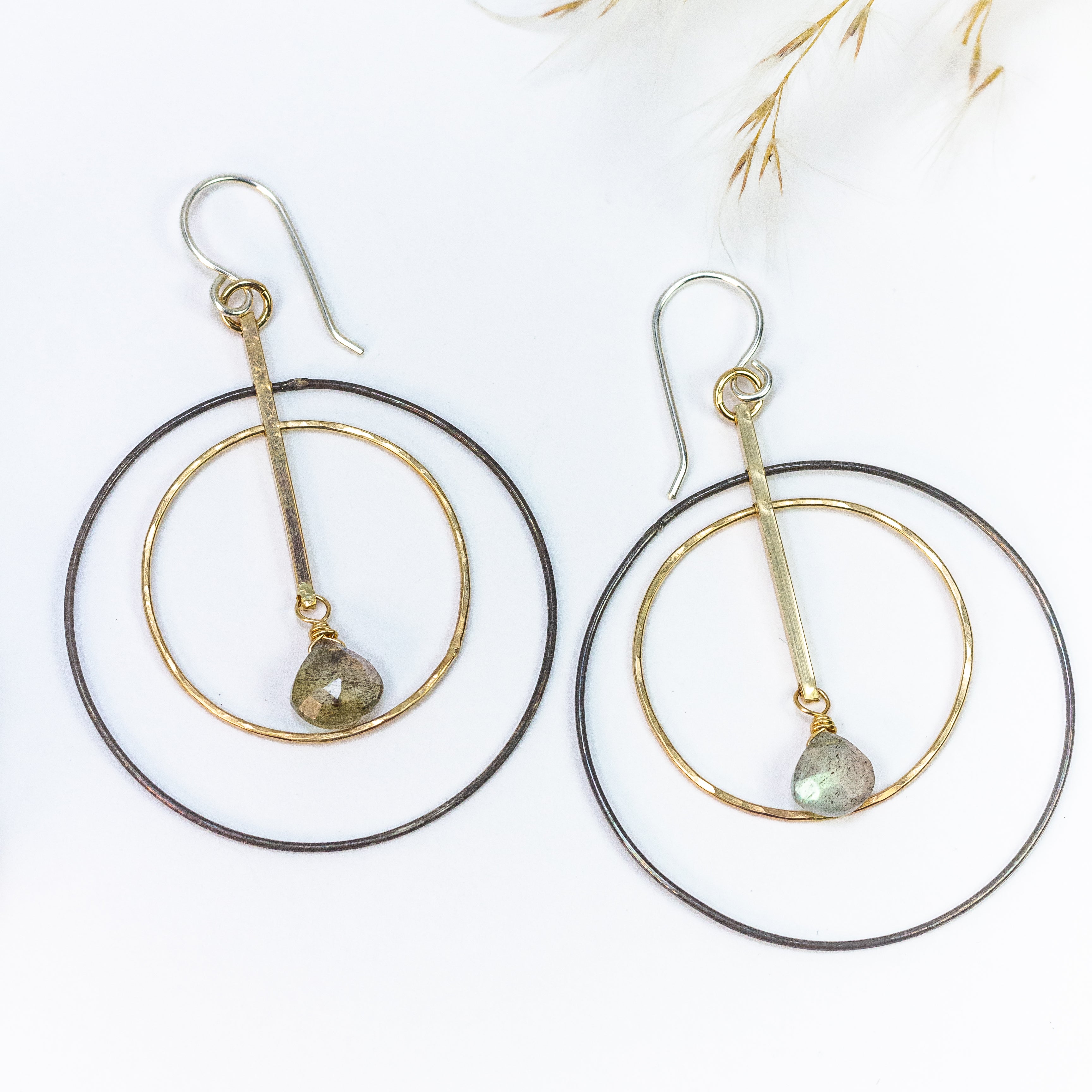 handmade gold filled oxidized sterling mixed metal labradorite gemstone hoop earrings laura j designs