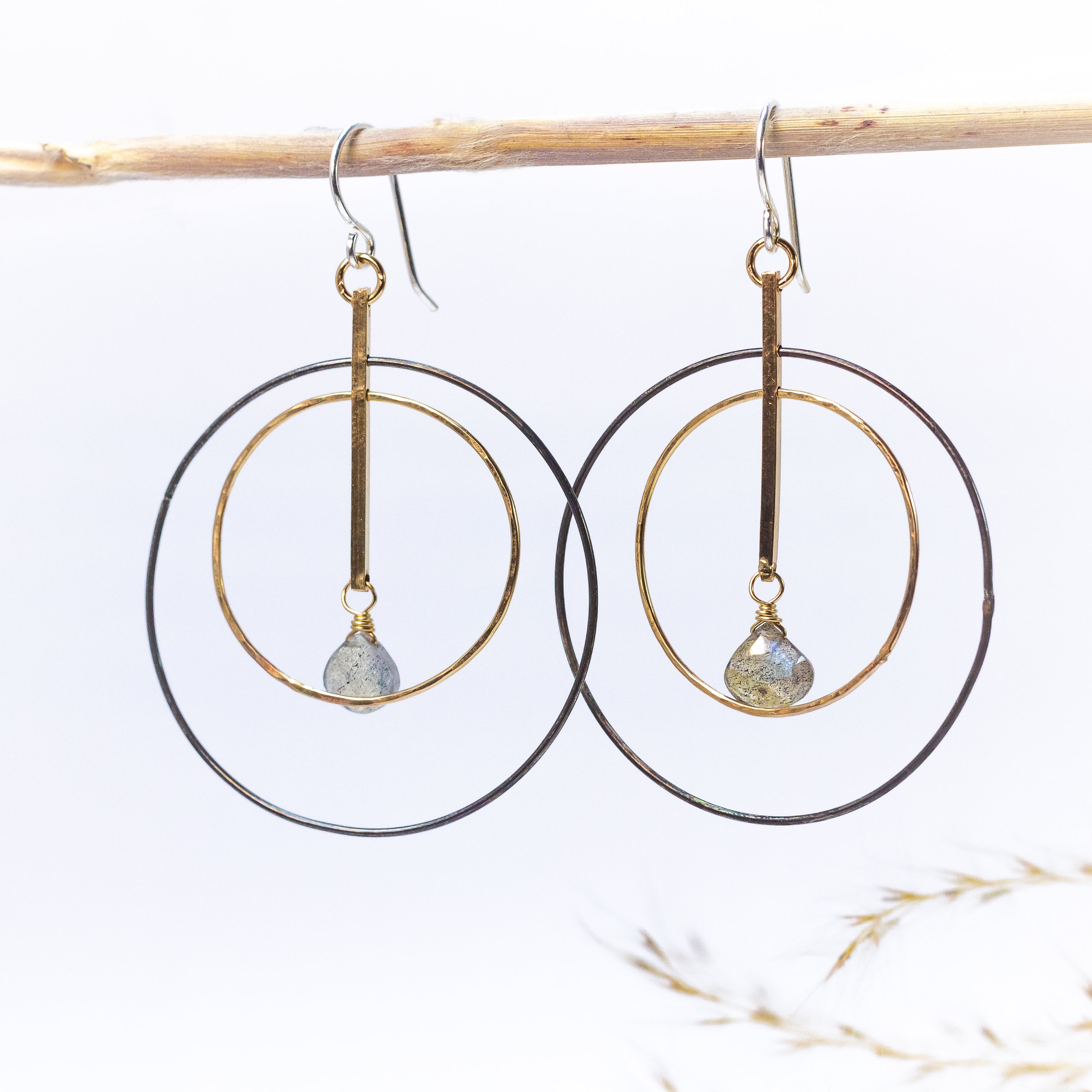 handmade gold filled oxidized sterling mixed metal labradorite gemstone hoop earrings laura j designs