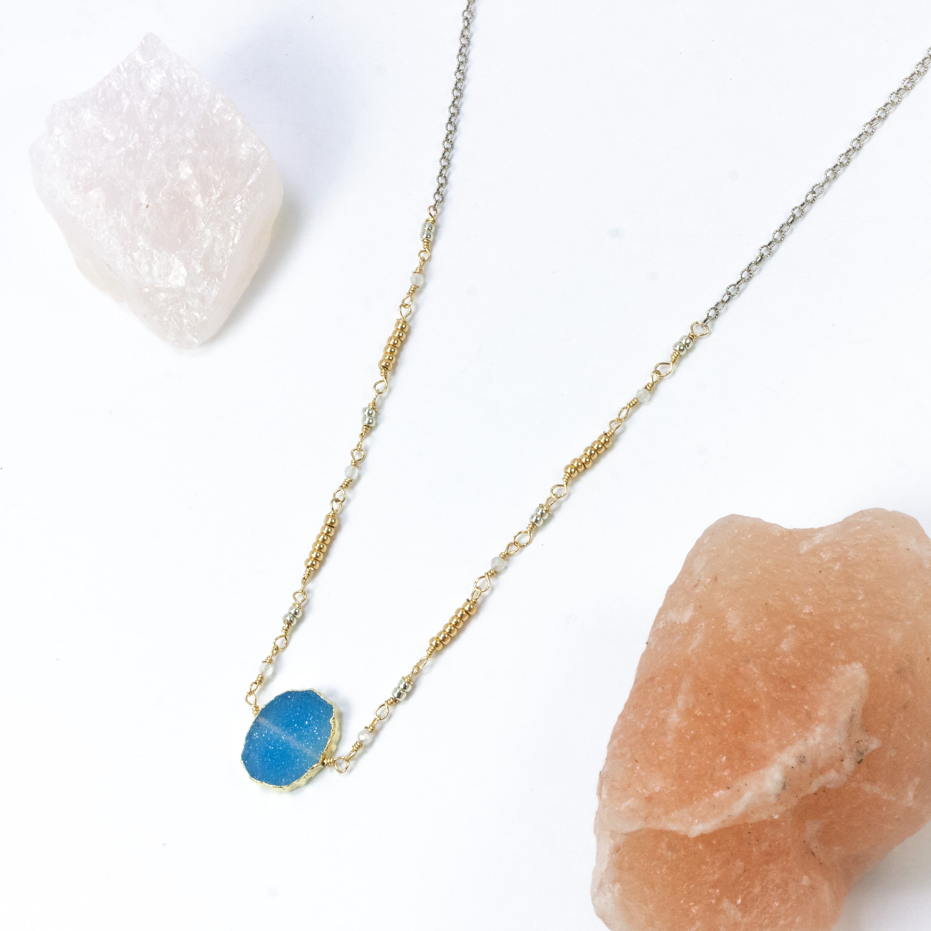 handmade beaded chain blue druzy layering necklace laura j designs