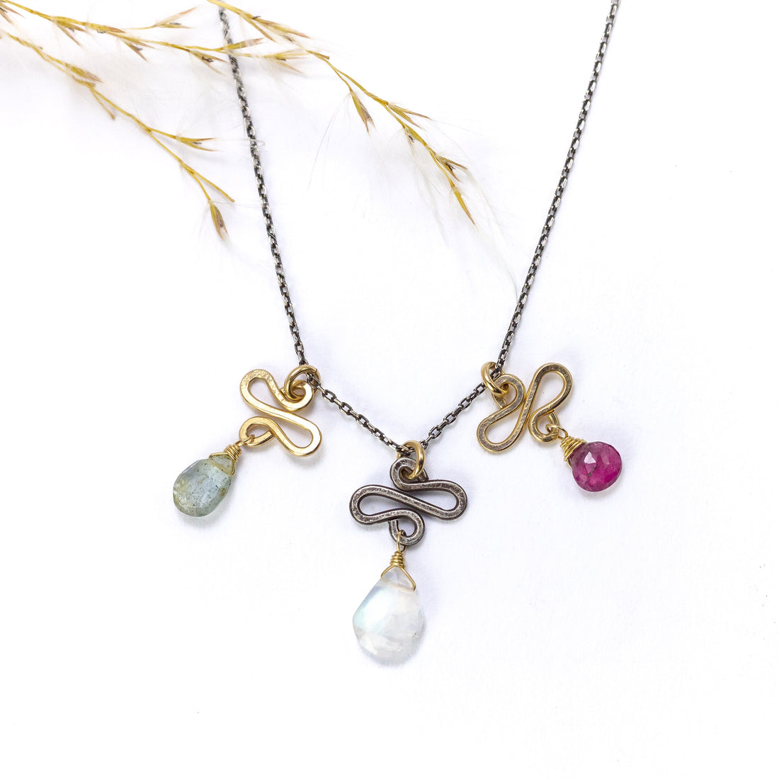 handmade dainty mixed metal gemstone charm necklace laura j designs