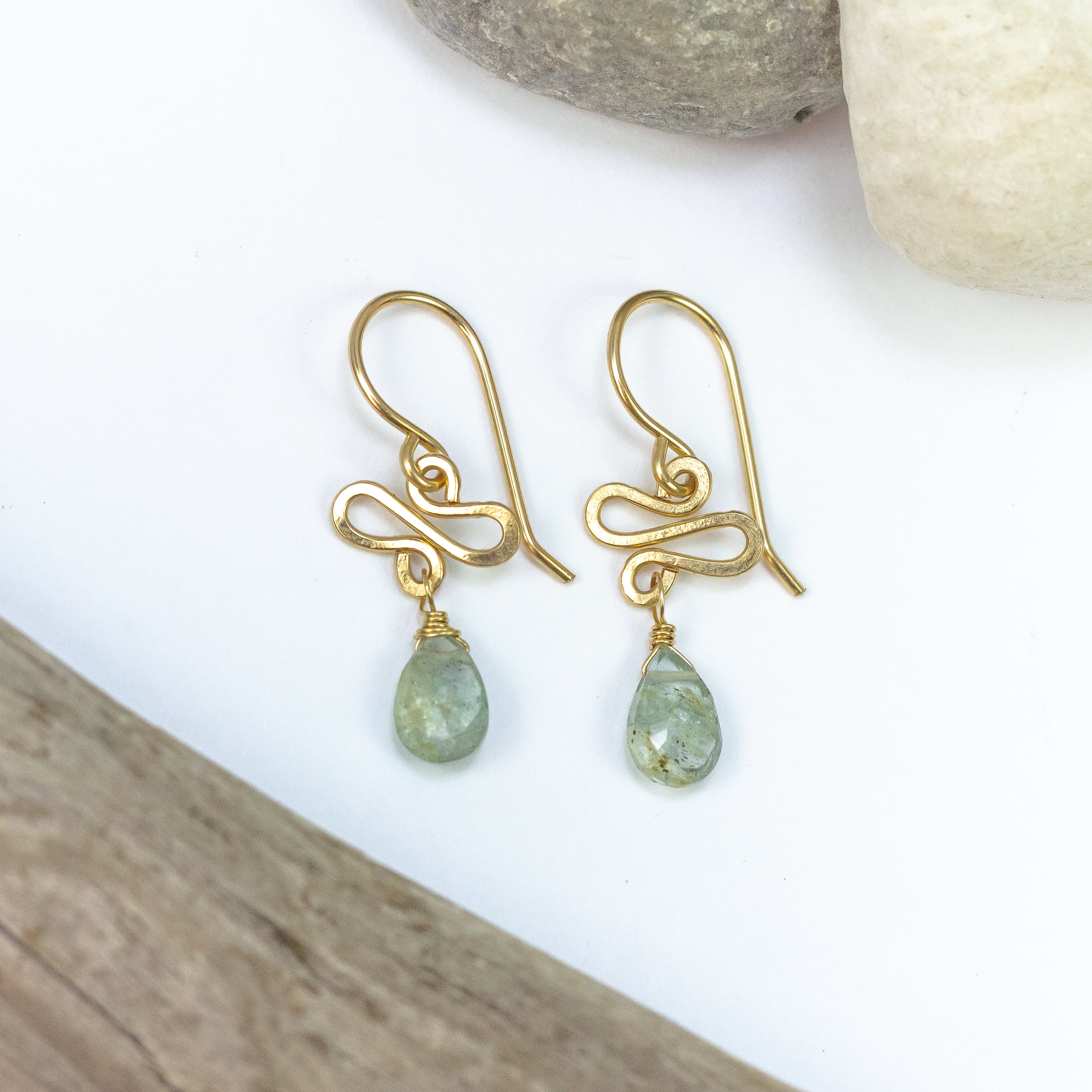 handmade dainty gold moss aqua gemstone earrings laura j designs