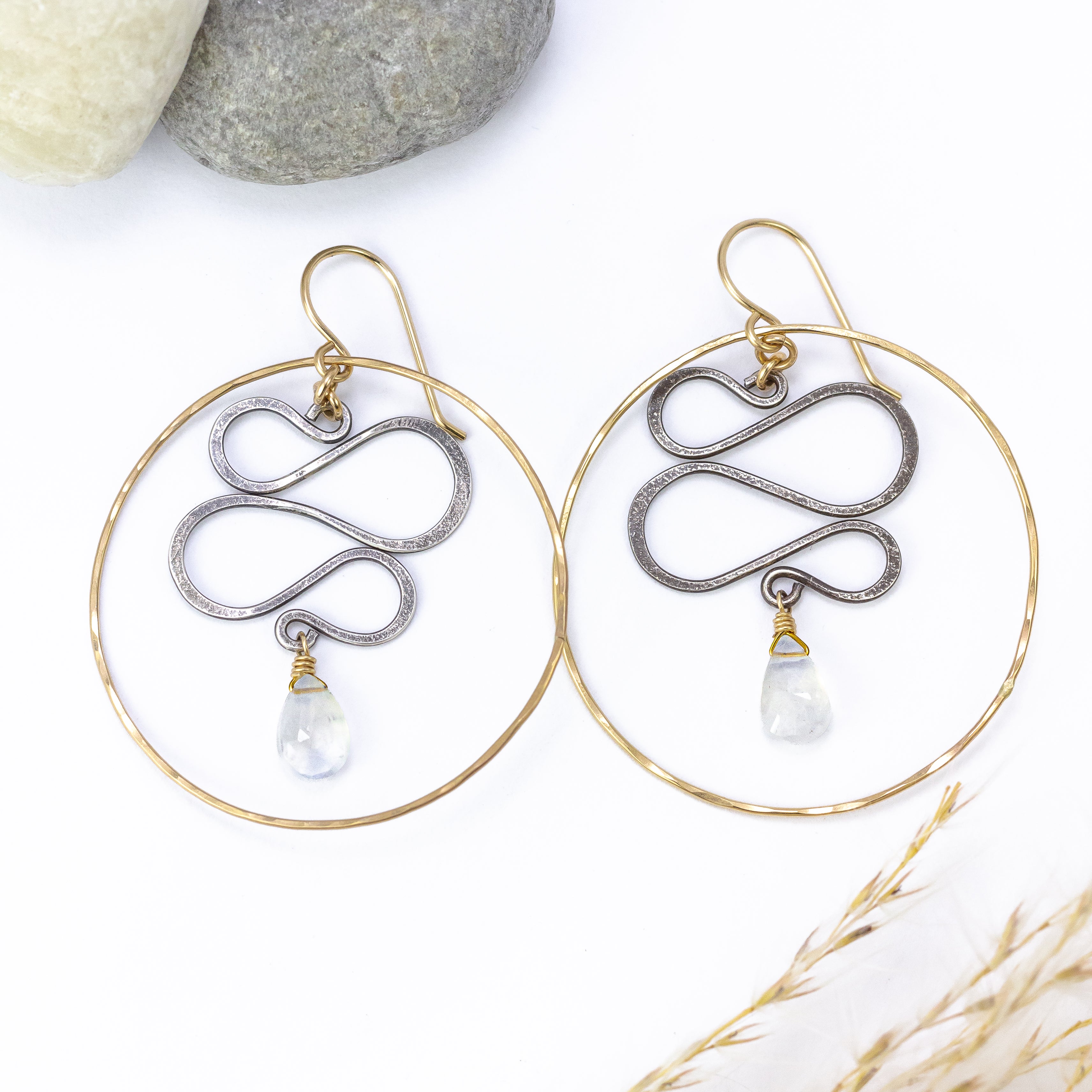 handmade gold filled oxidized silver moonstone hoop earrings laura j designs