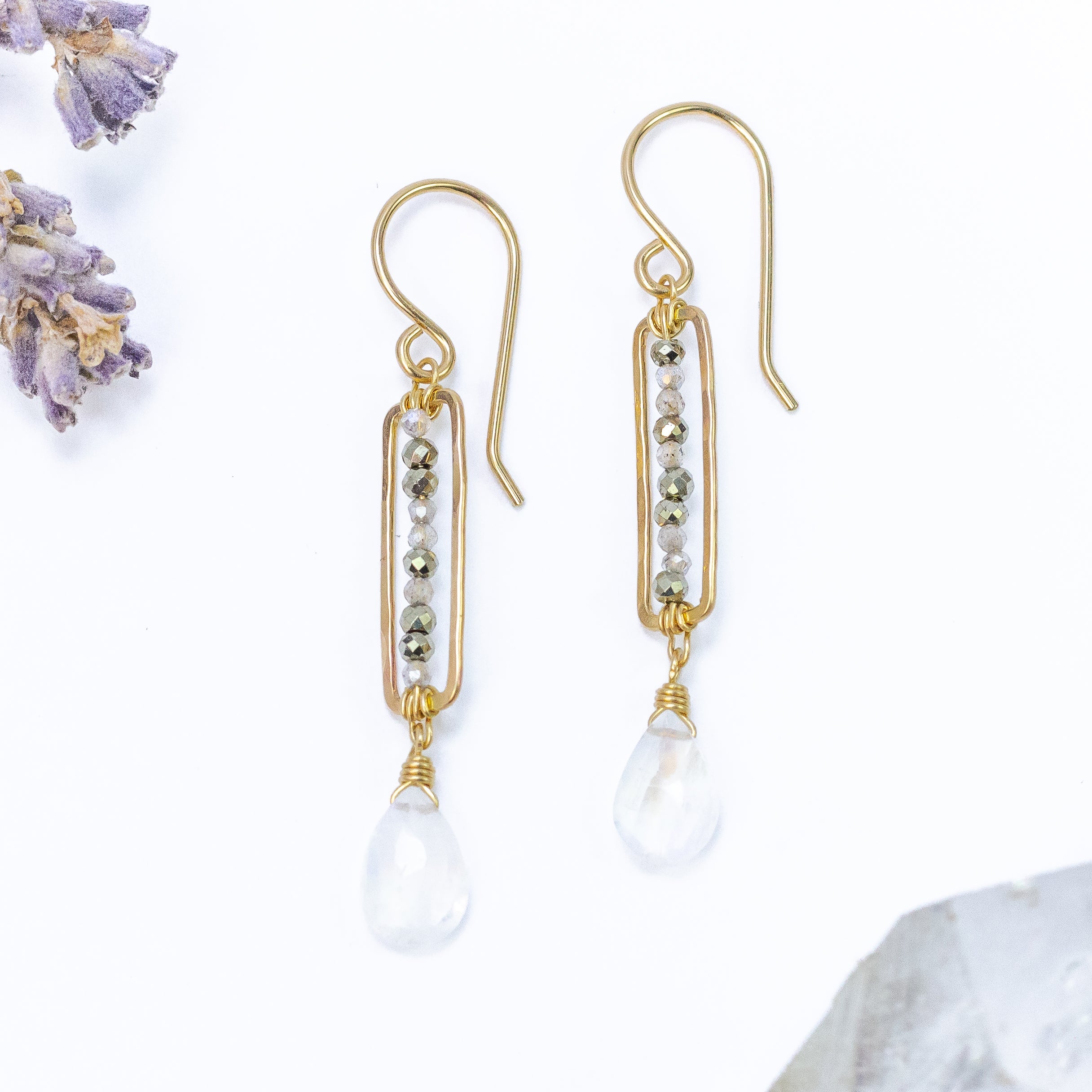 handmade gold filled moonstone pyrite gemstone earrings laura j designs