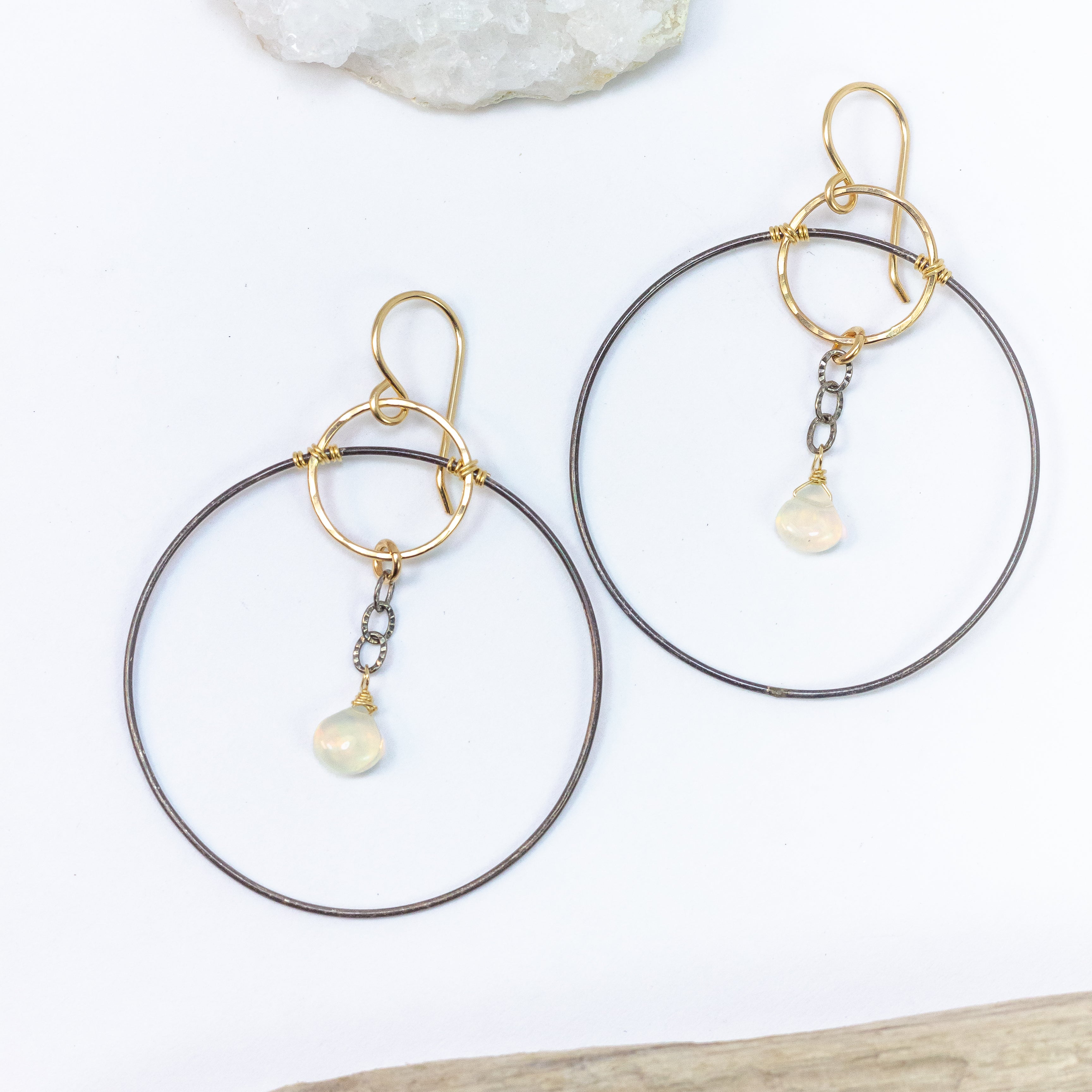 handmade oxidized sterling gold filled opal gemstone hoop earrings laura j designs