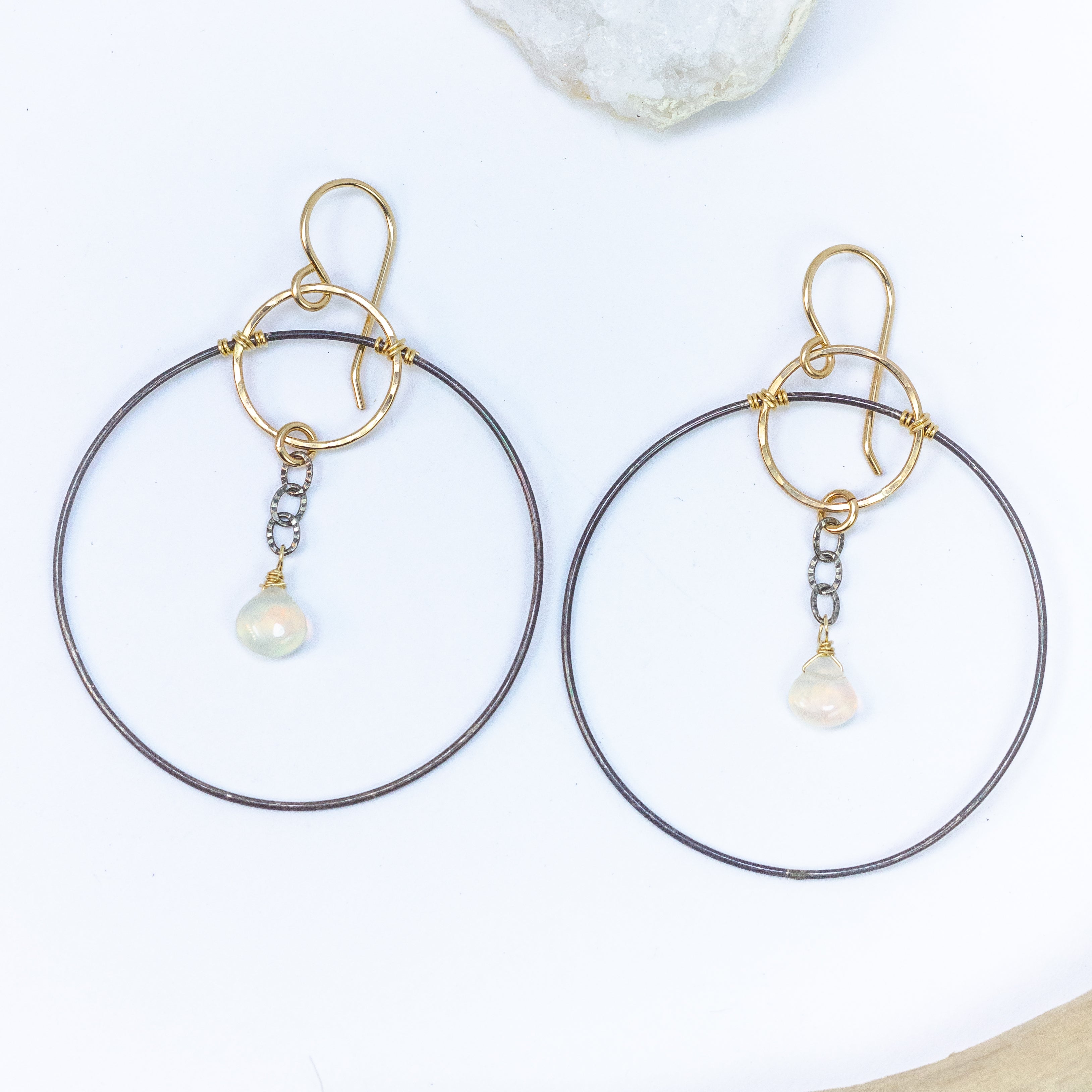 handmade oxidized sterling gold filled opal gemstone hoop earrings laura j designs