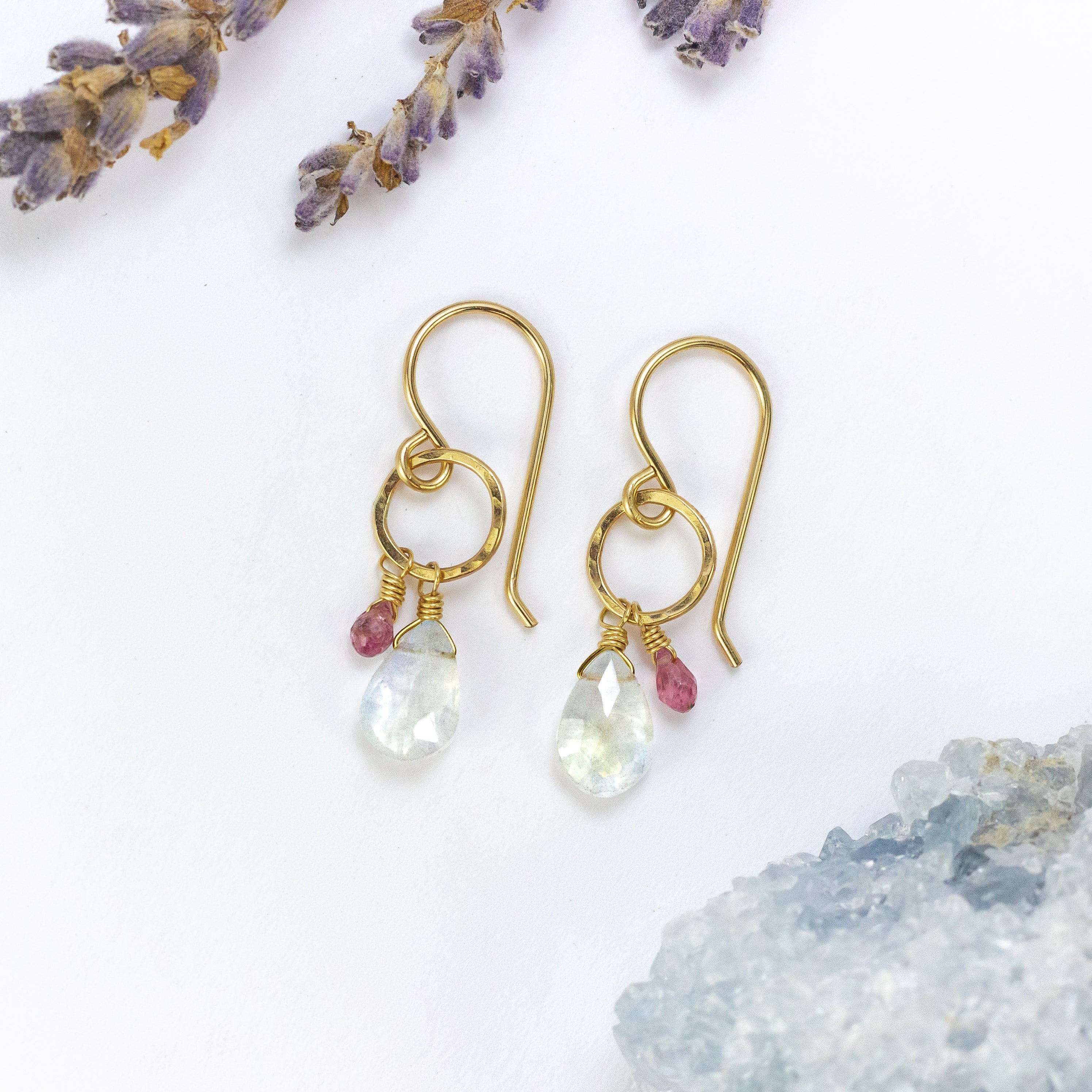 handmade gold filled moonstone pink tourmaline gemstone earrings laura j designs
