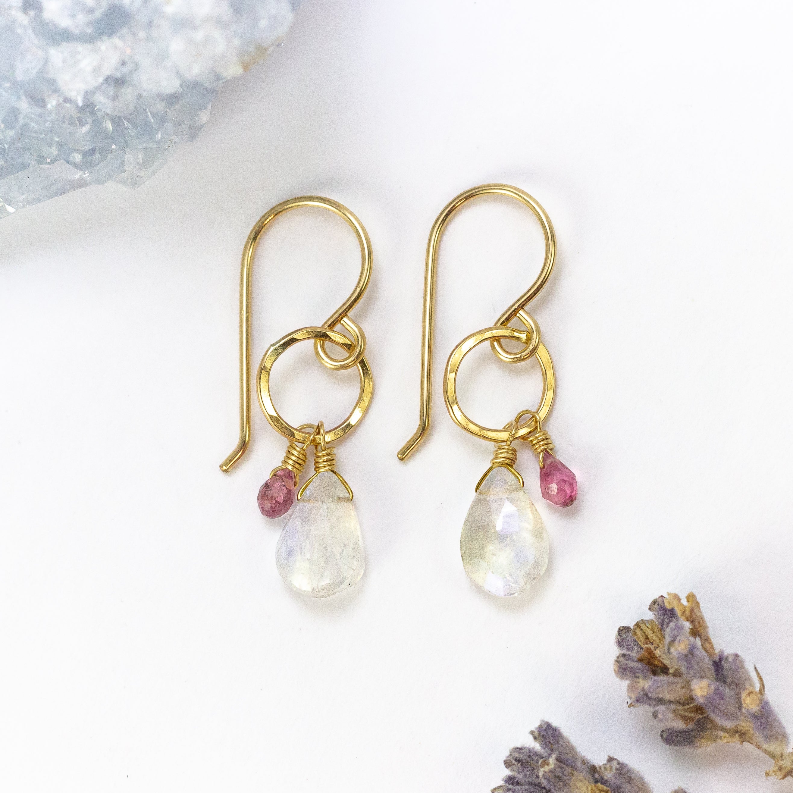 handmade gold filled moonstone pink tourmaline gemstone earrings laura j designs