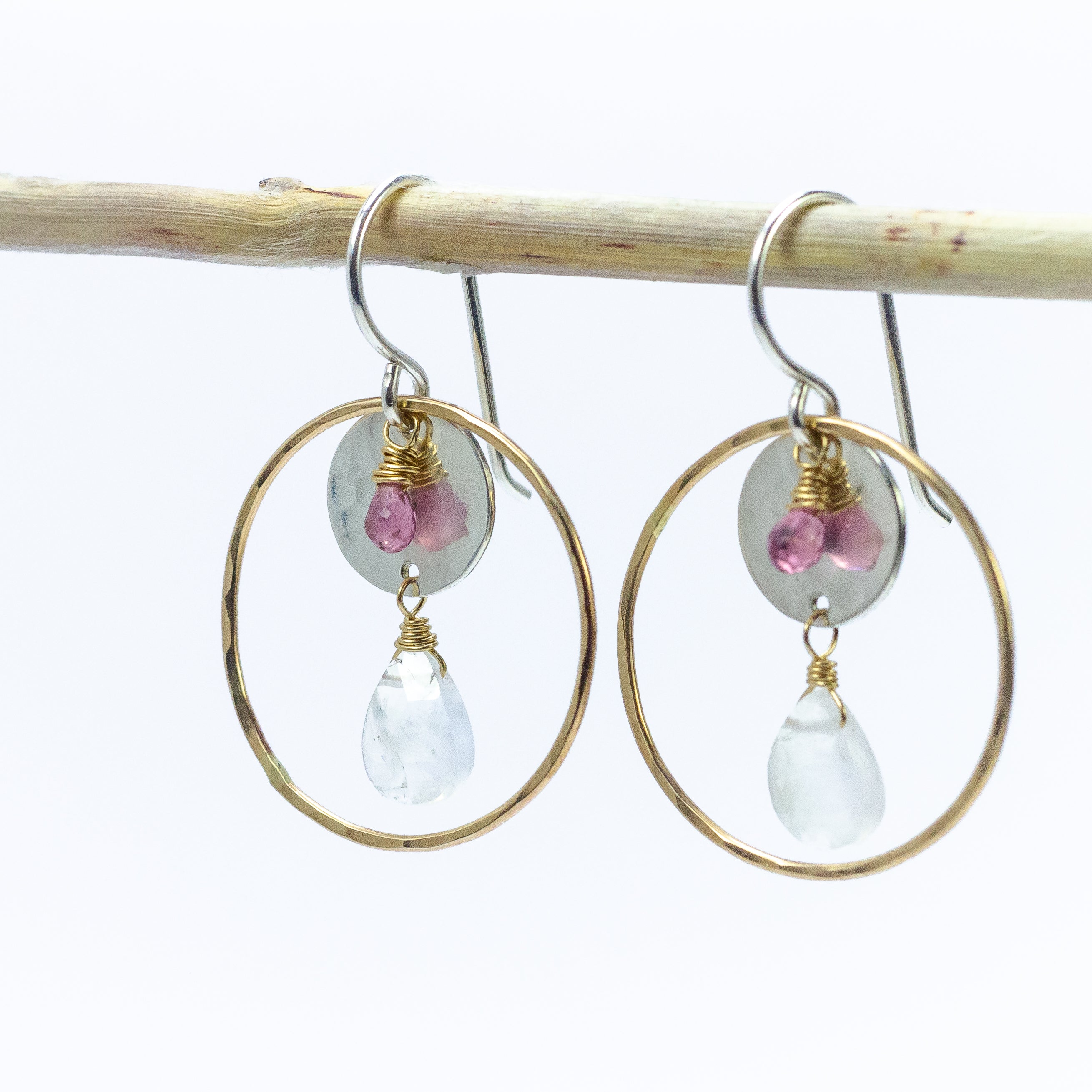 handmade mixed metal moonstone pink tourmaline earrings laura j designs