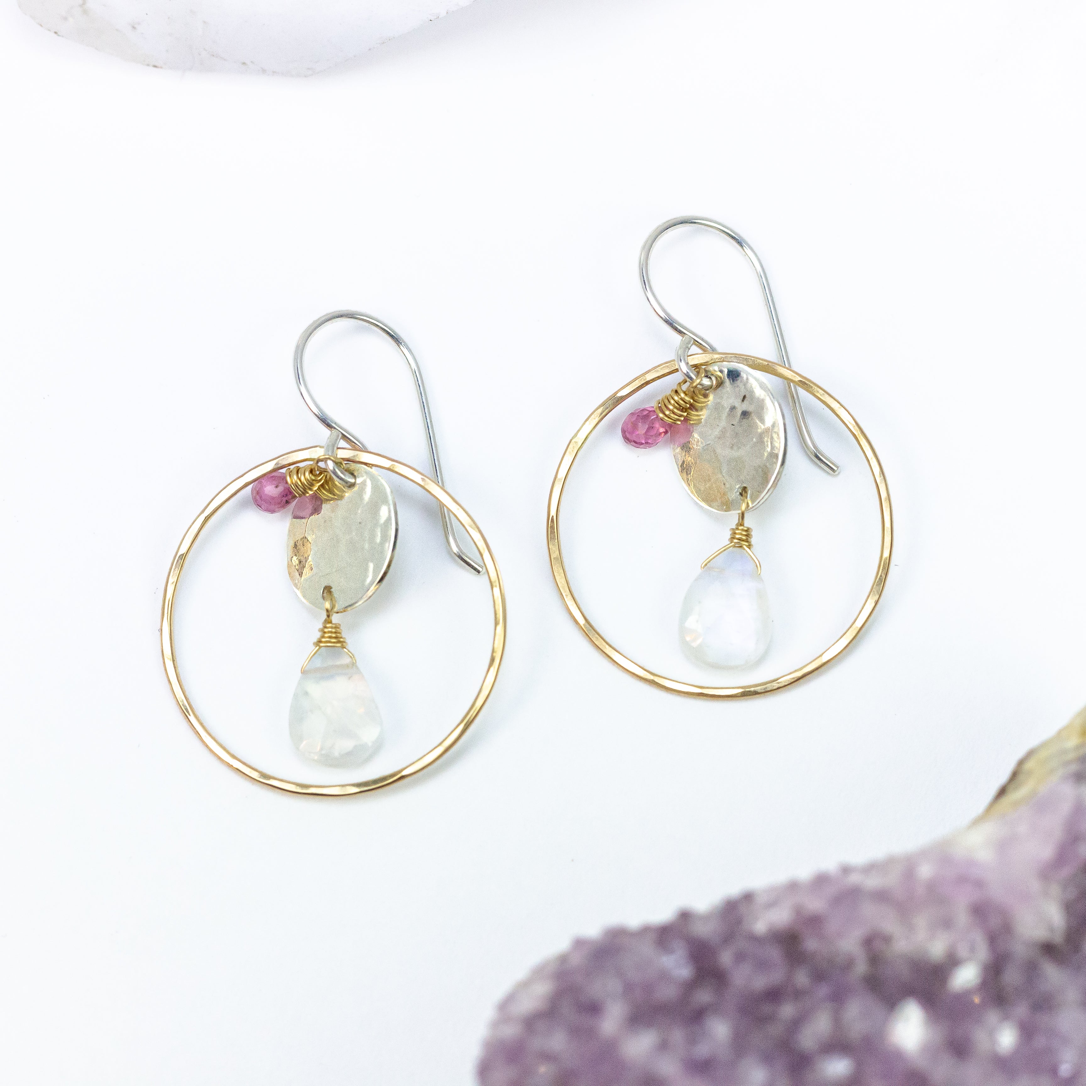 handmade mixed metal moonstone pink tourmaline earrings laura j designs