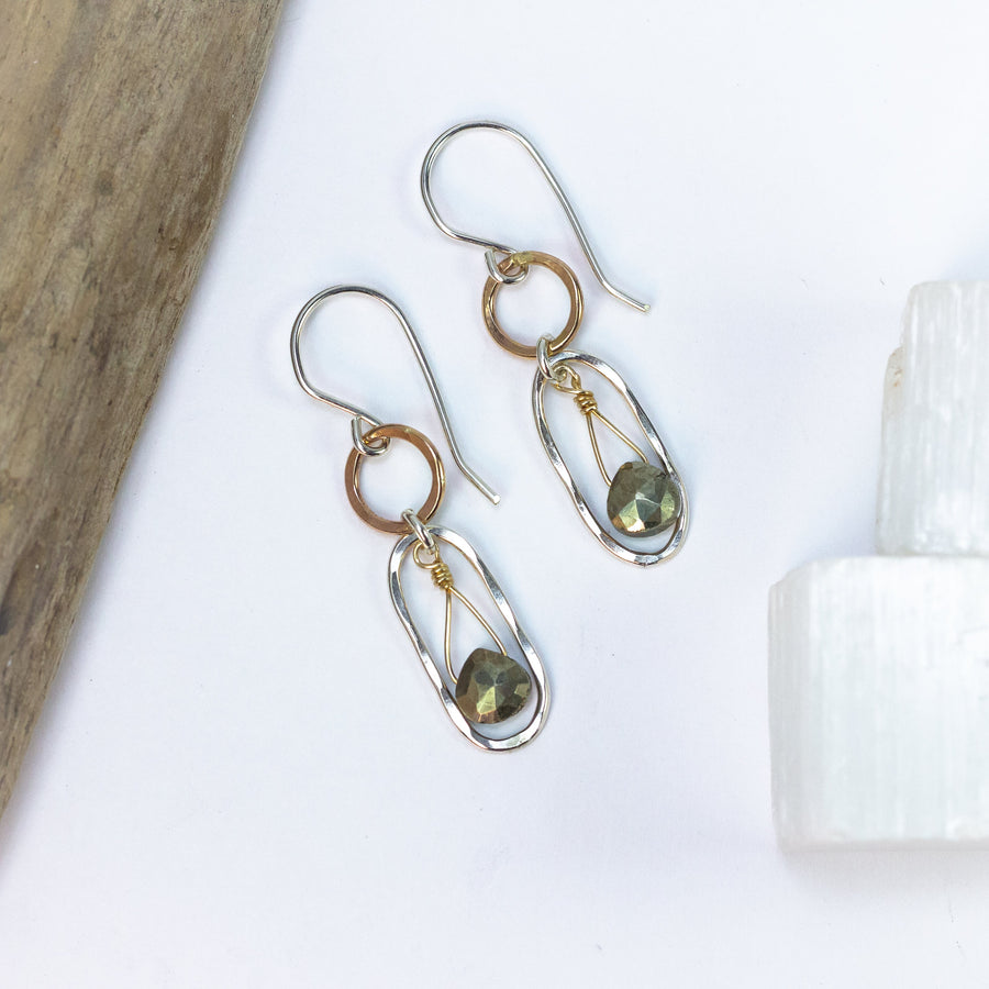 handmade mixed metal pyrite gemstone earrings laura j designs