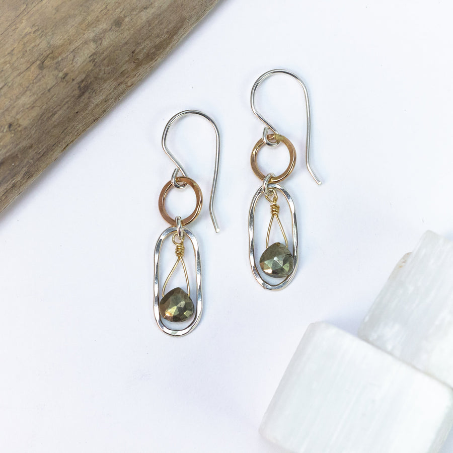 handmade mixed metal pyrite gemstone earrings laura j designs