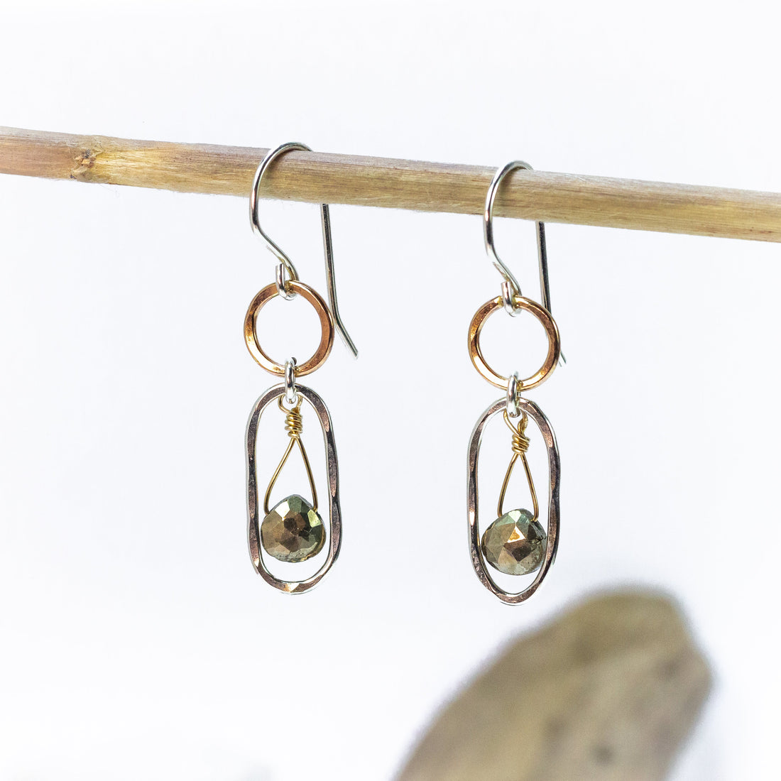 handmade mixed metal pyrite gemstone earrings laura j designs