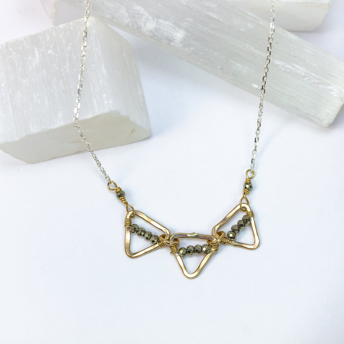 handmade gold filled triangles necklace pyrite gemstone laura j designs
