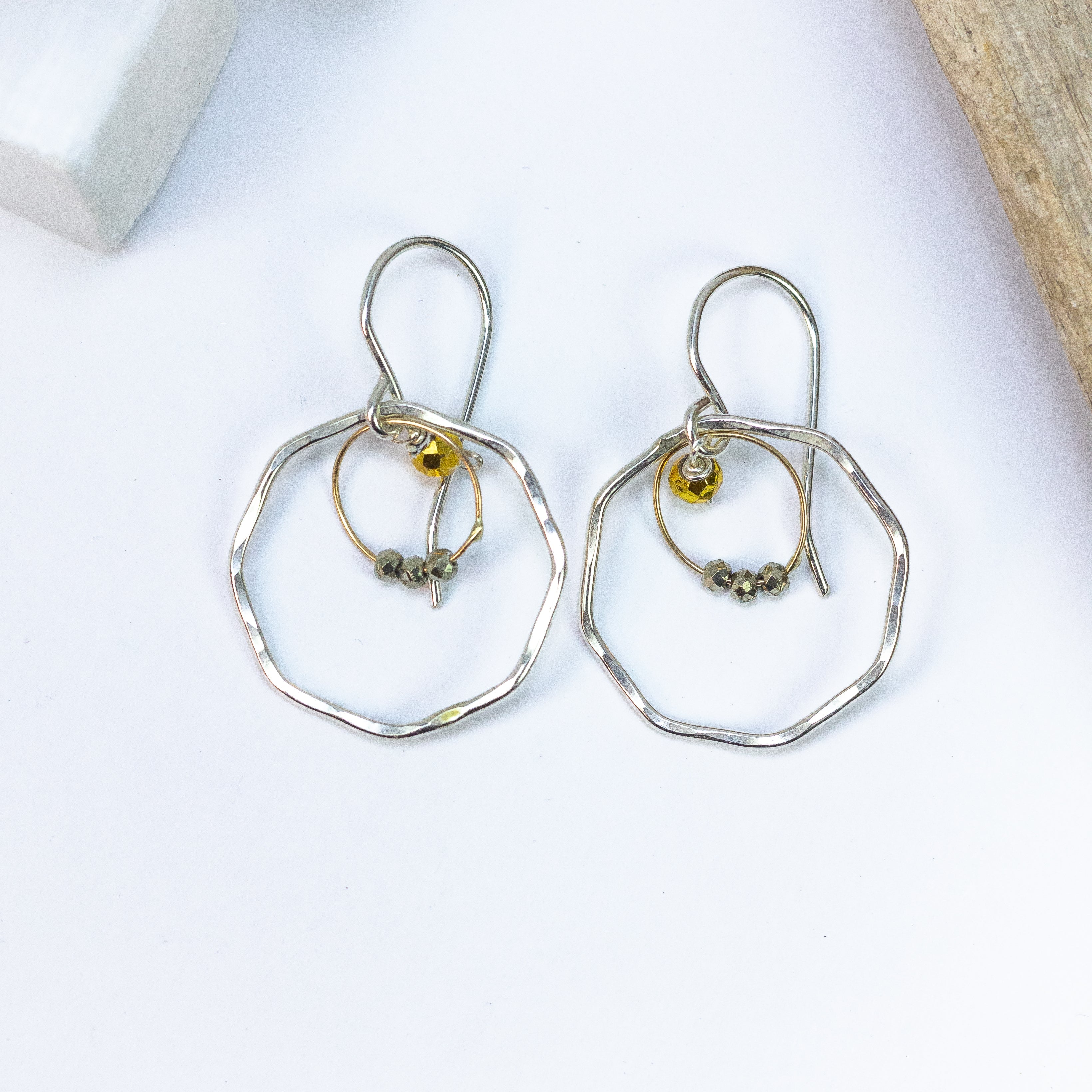 handmade sterling silver octagon hoop earrings gold pyrite laura j designs