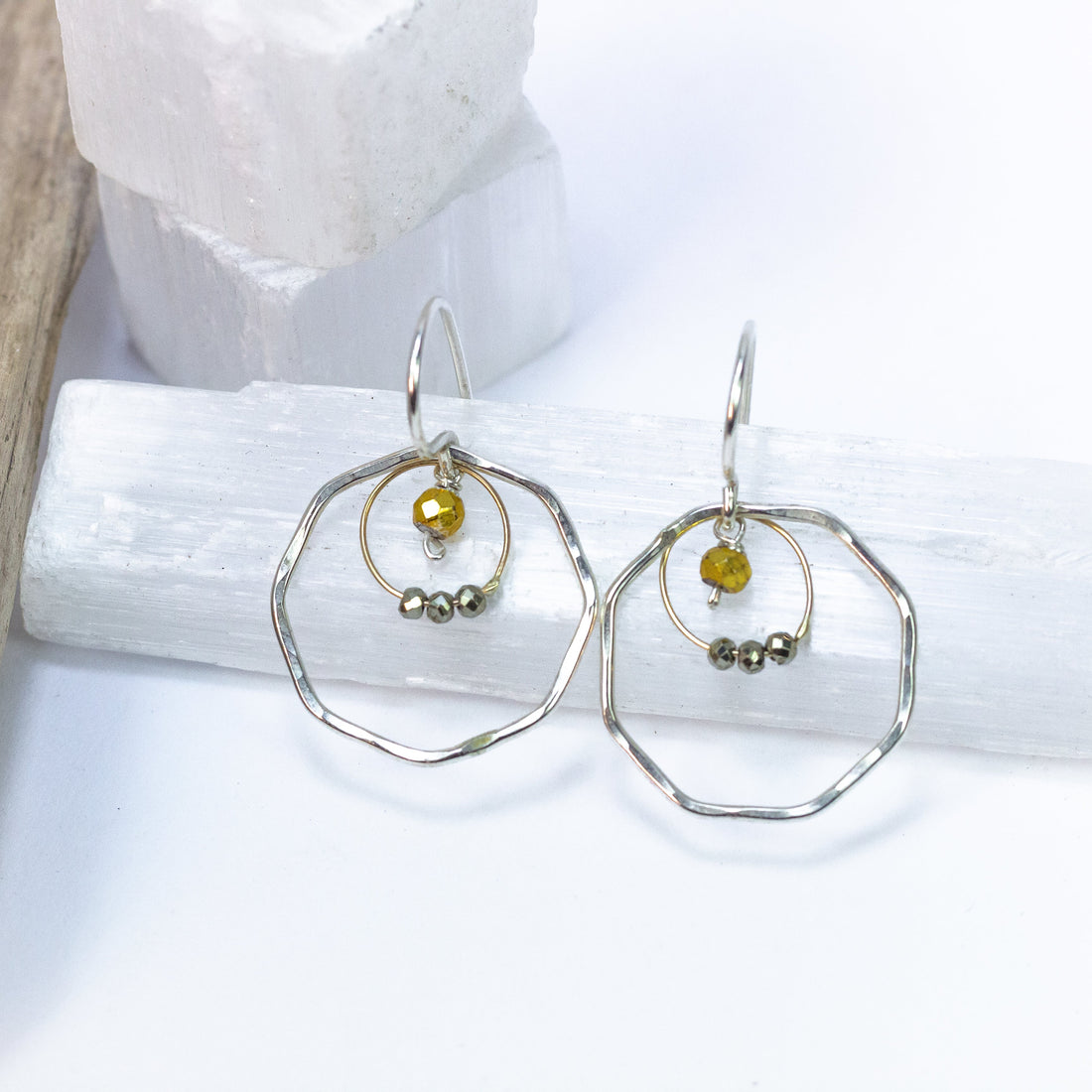 handmade sterling silver octagon hoop earrings gold pyrite laura j designs