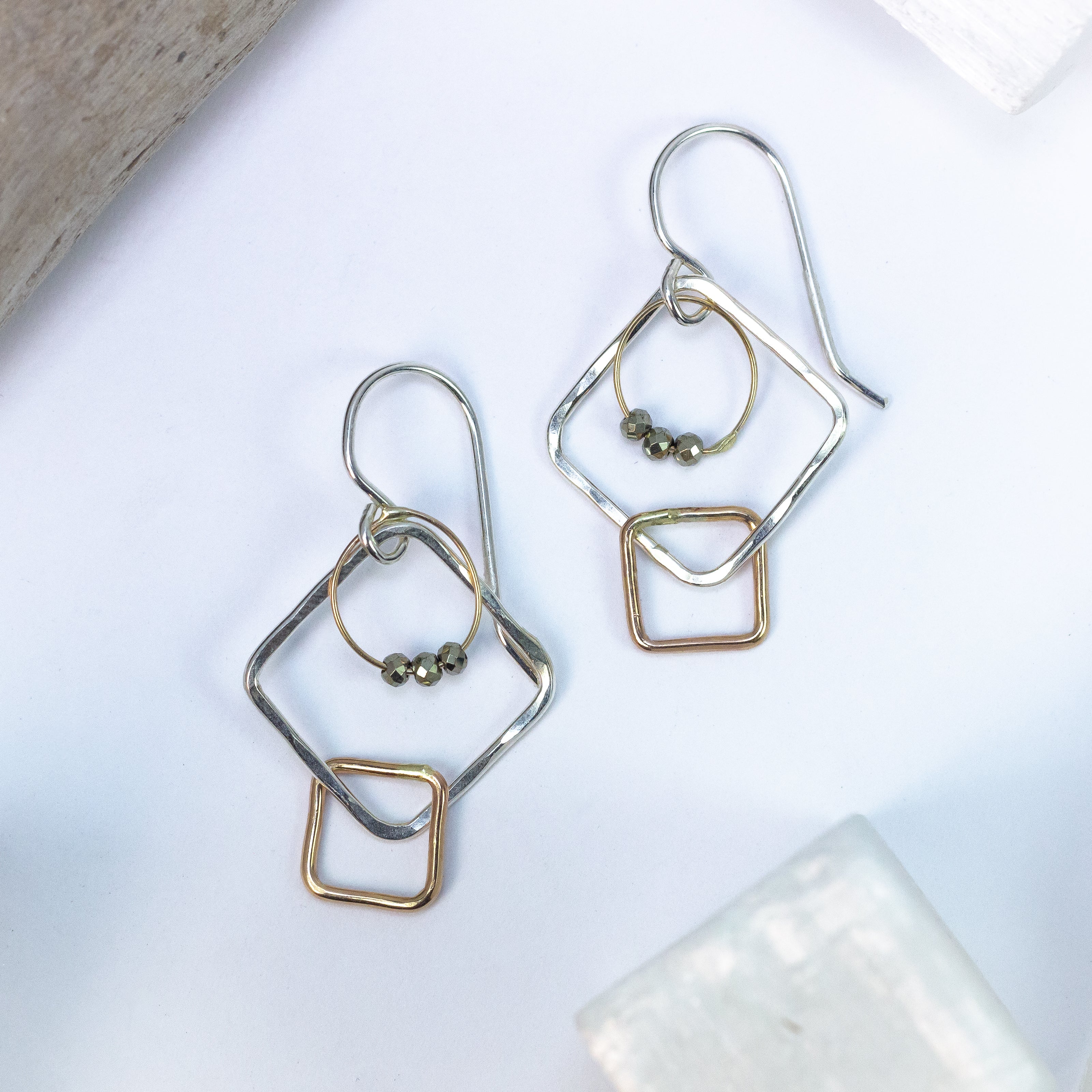 handmade sterling silver gold filled square pyrite gemstone earrings laura j designs