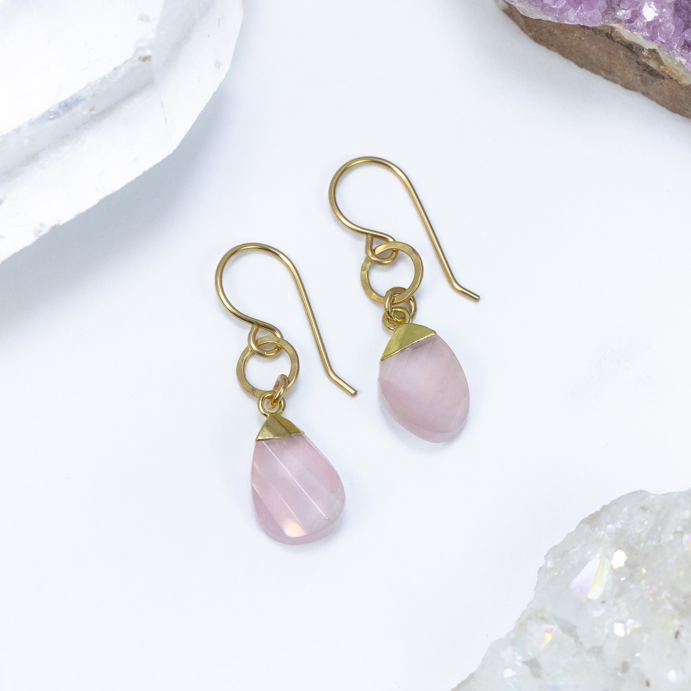 handmade gold filled rose quartz earrings laura j designs