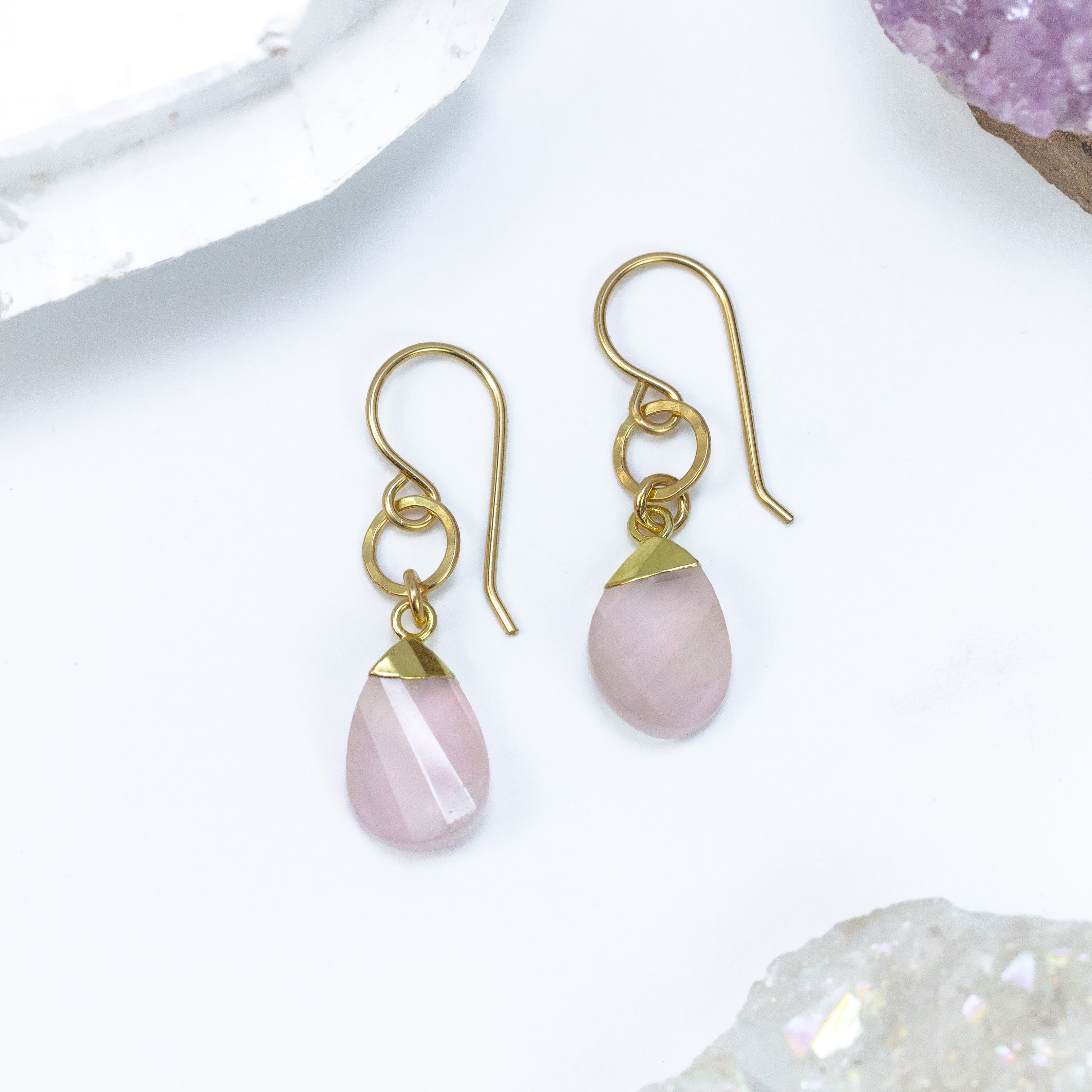 handmade gold filled rose quartz earrings laura j designs