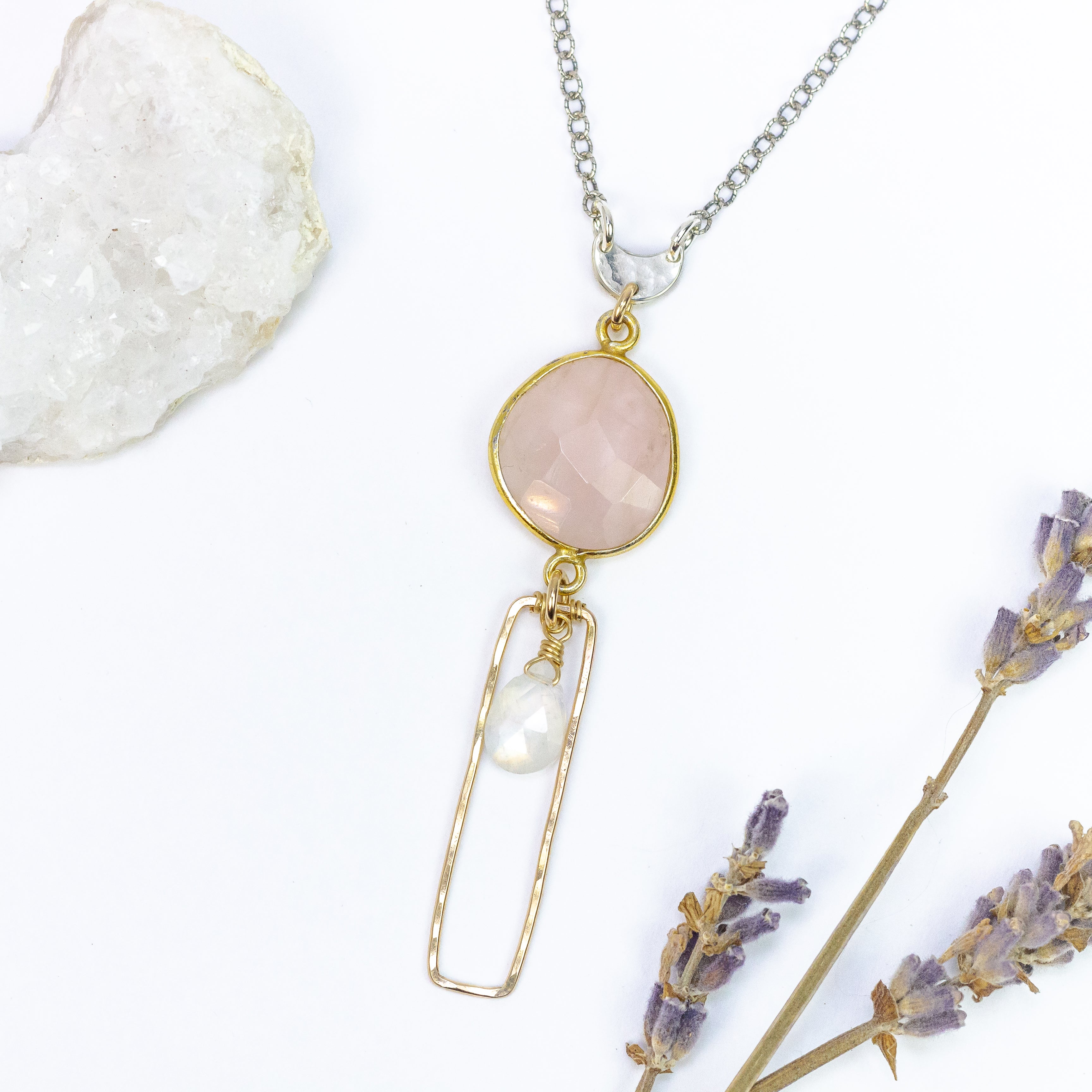 handmade mixed metal rose quartz necklace laura j designs