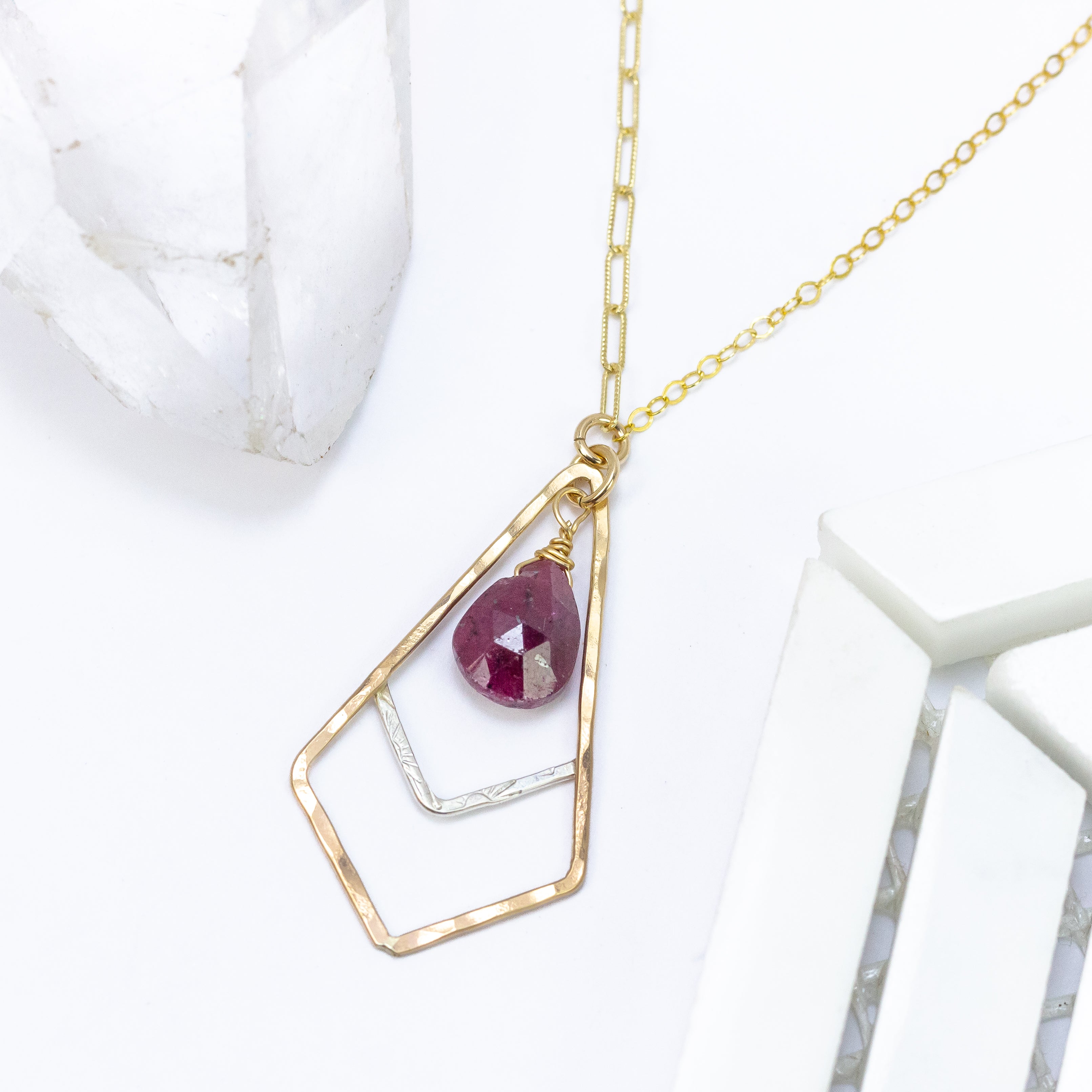 handmade mixed metal asymmetric ruby gemstone necklace laura j designs