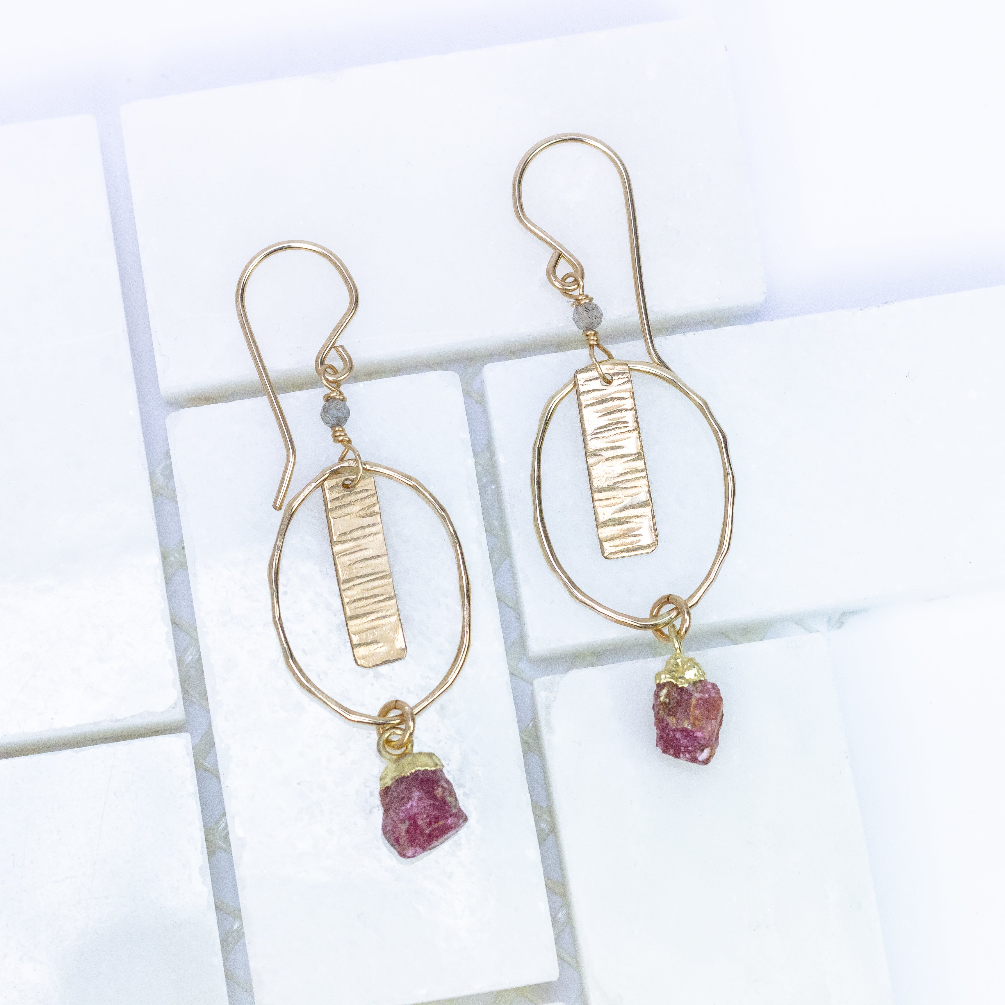 handmade gold filled rough ruby earrings