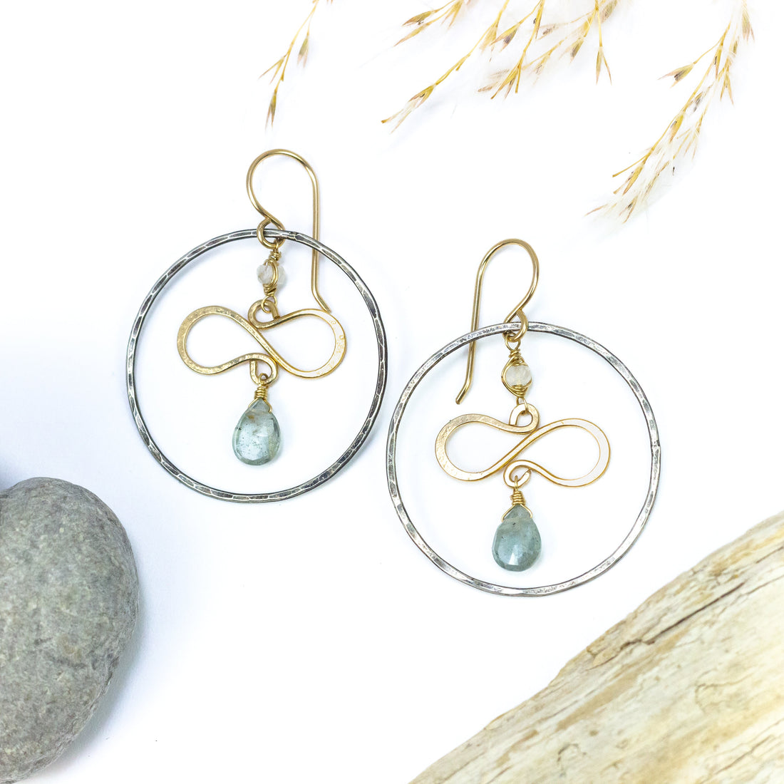 handmade oxidized silver hoop gold filled moss aqua gemstone earrings laura j designs