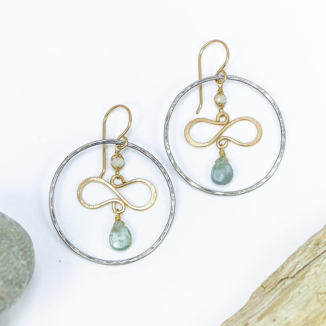 handmade oxidized silver hoop gold filled moss aqua gemstone earrings laura j designs